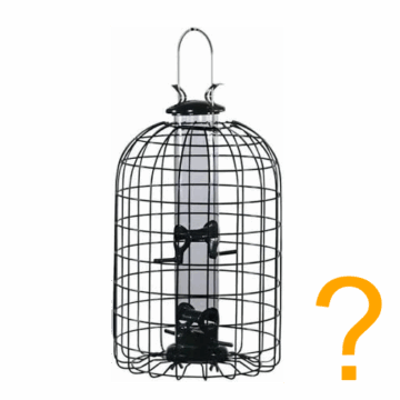 A tube bird feeder surrounded by wire caging market with a question mark