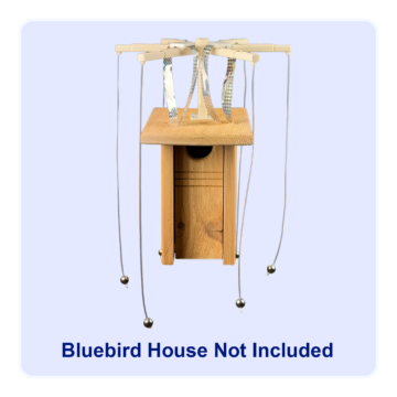 A bluebird house fitted with a Sparrow-B-Gone! sparrow spooker and mylar ribbons