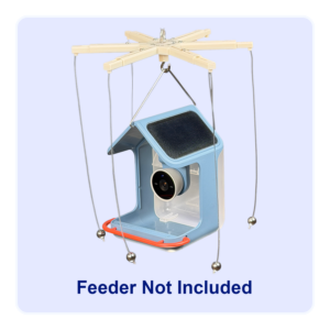 A hanging birdbuddy smart camera feeder protected with a Sparrow-B-Gone