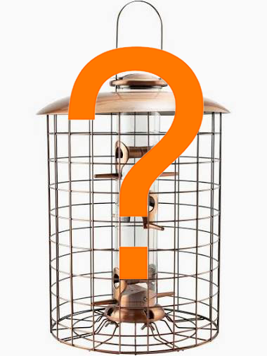 Wire cage tube feeder marked with an orange question mark