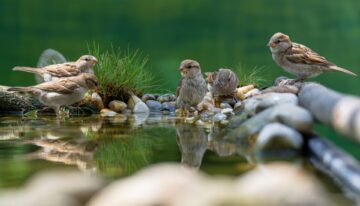 A group of house sparrows on the edge of a small pond