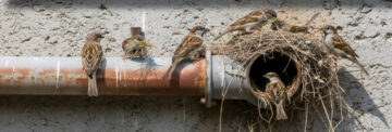 A group of house sparrows building a nest in the hollow of a drainage pipe