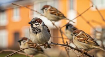 Group of house sparrows in tree outside of a house