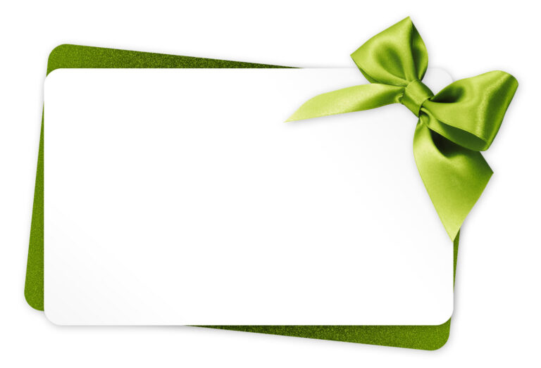 Image of a white gift card with a green ribbon