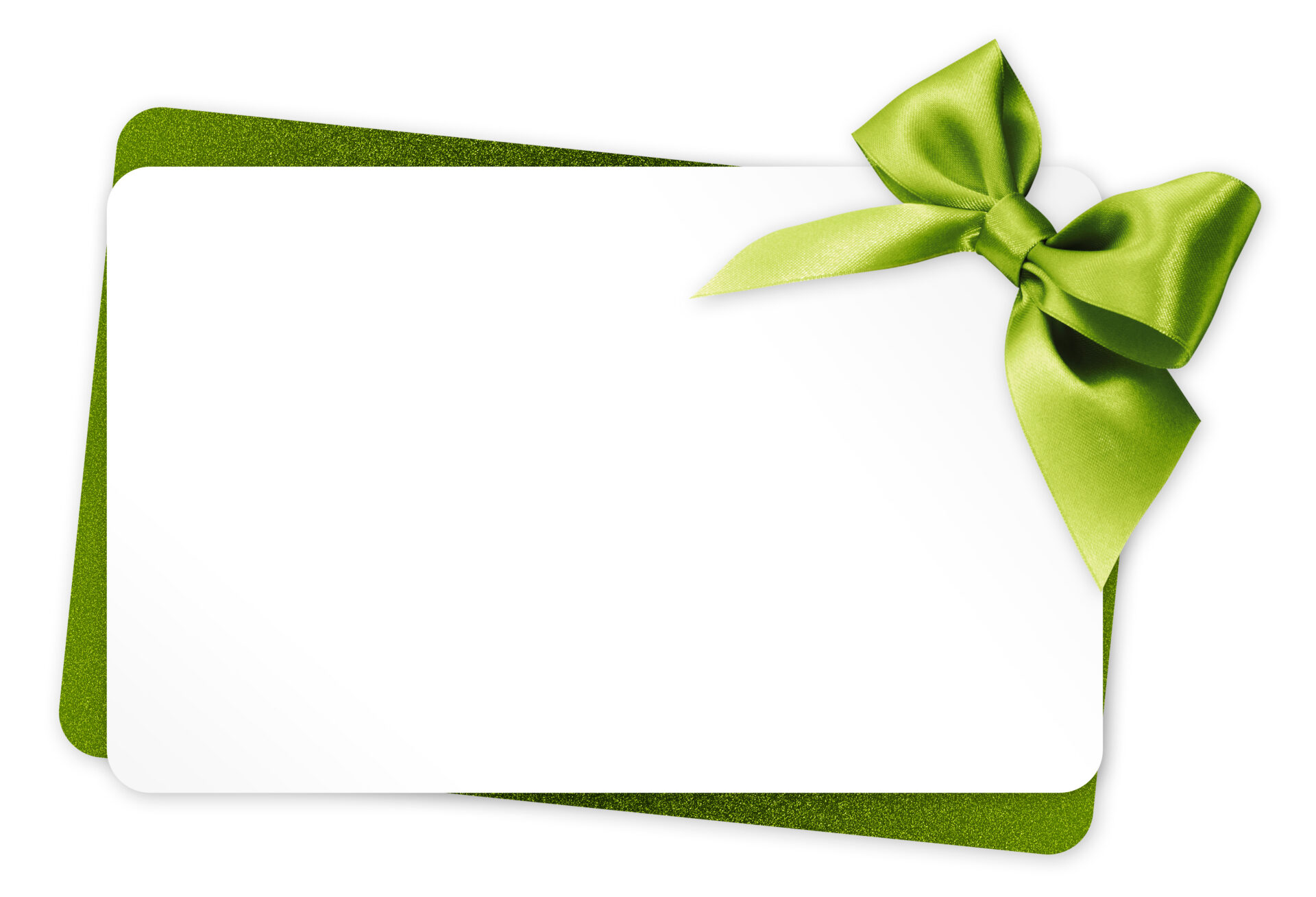 Image of a white gift card with a green ribbon