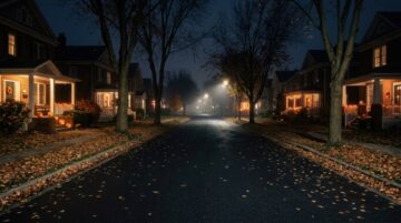 Night time lights in a neighborhood in fall
