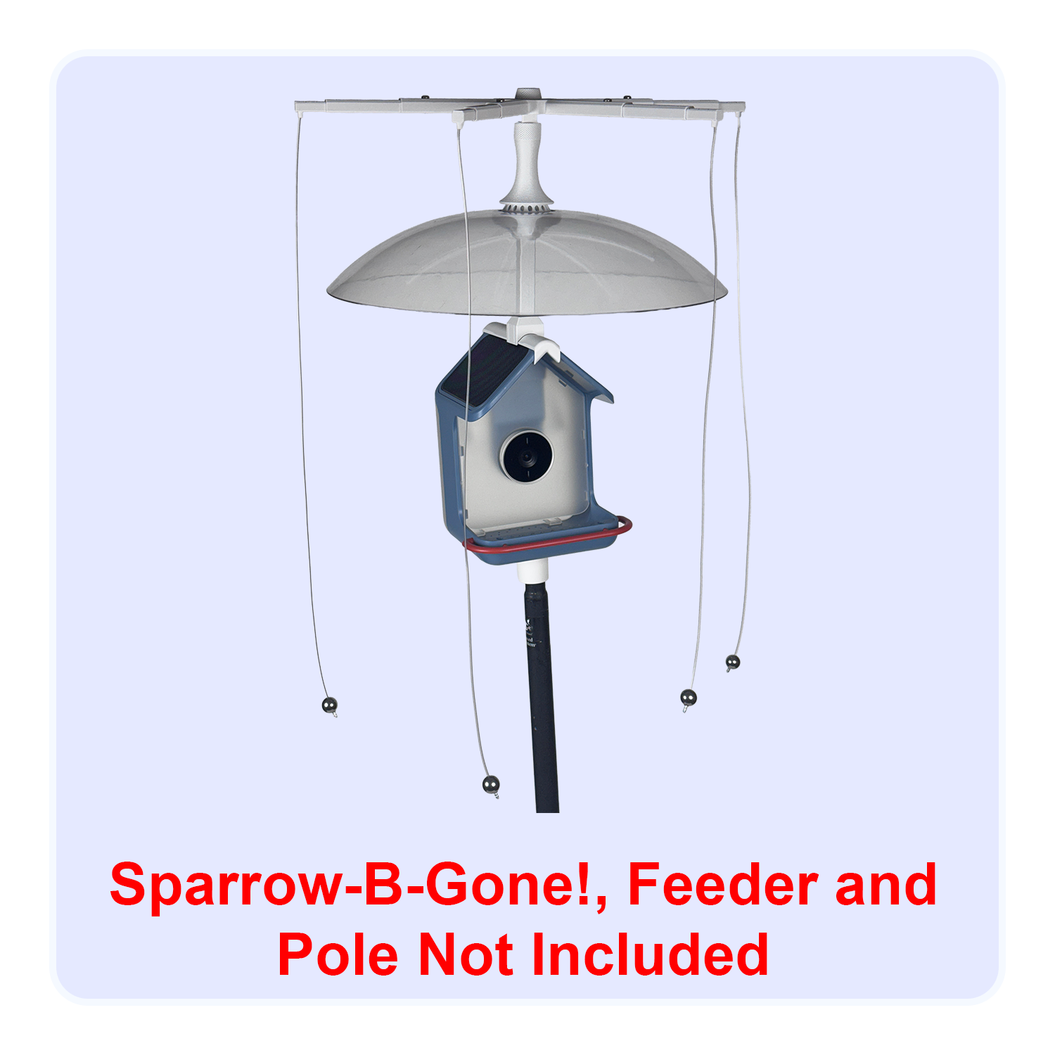 Combined product shot of Sparrow-B-Gone and Rain-B-Gone on a Bird Buddy 2 smart bird feeder