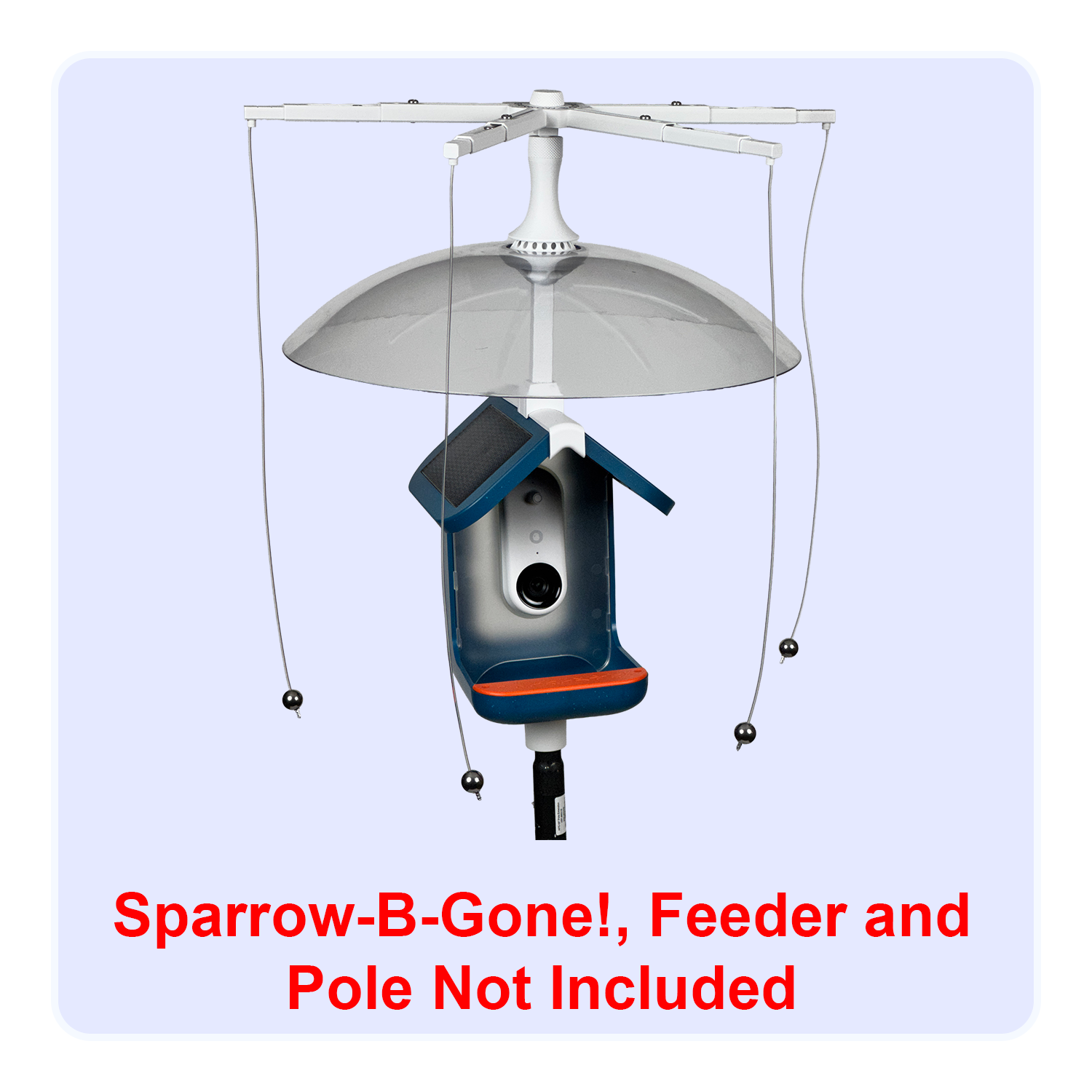 Combined product shot of Sparrow-B-Gone and Rain-B-Gone on a Bird Buddy. Solar Roof smart bird feeder