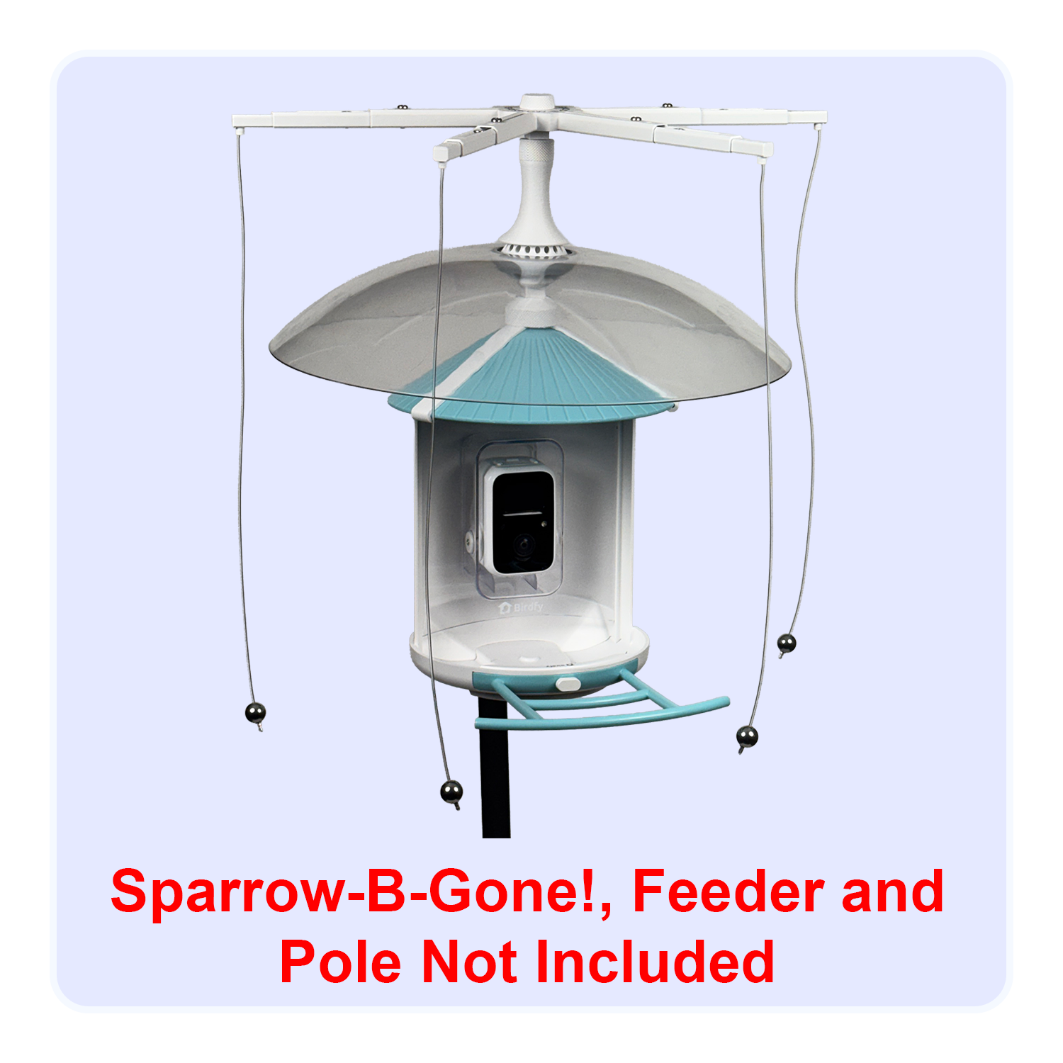 Combined product shot of Sparrow-B-Gone and Rain-B-Gone on a Birdfy 2 smart bird feeder