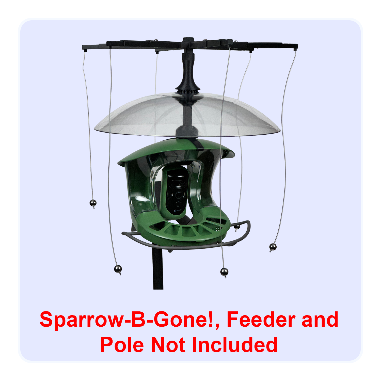 Combined product shot of Sparrow-B-Gone and Rain-B-Gone on a Birdfy 2 smart bird feeder