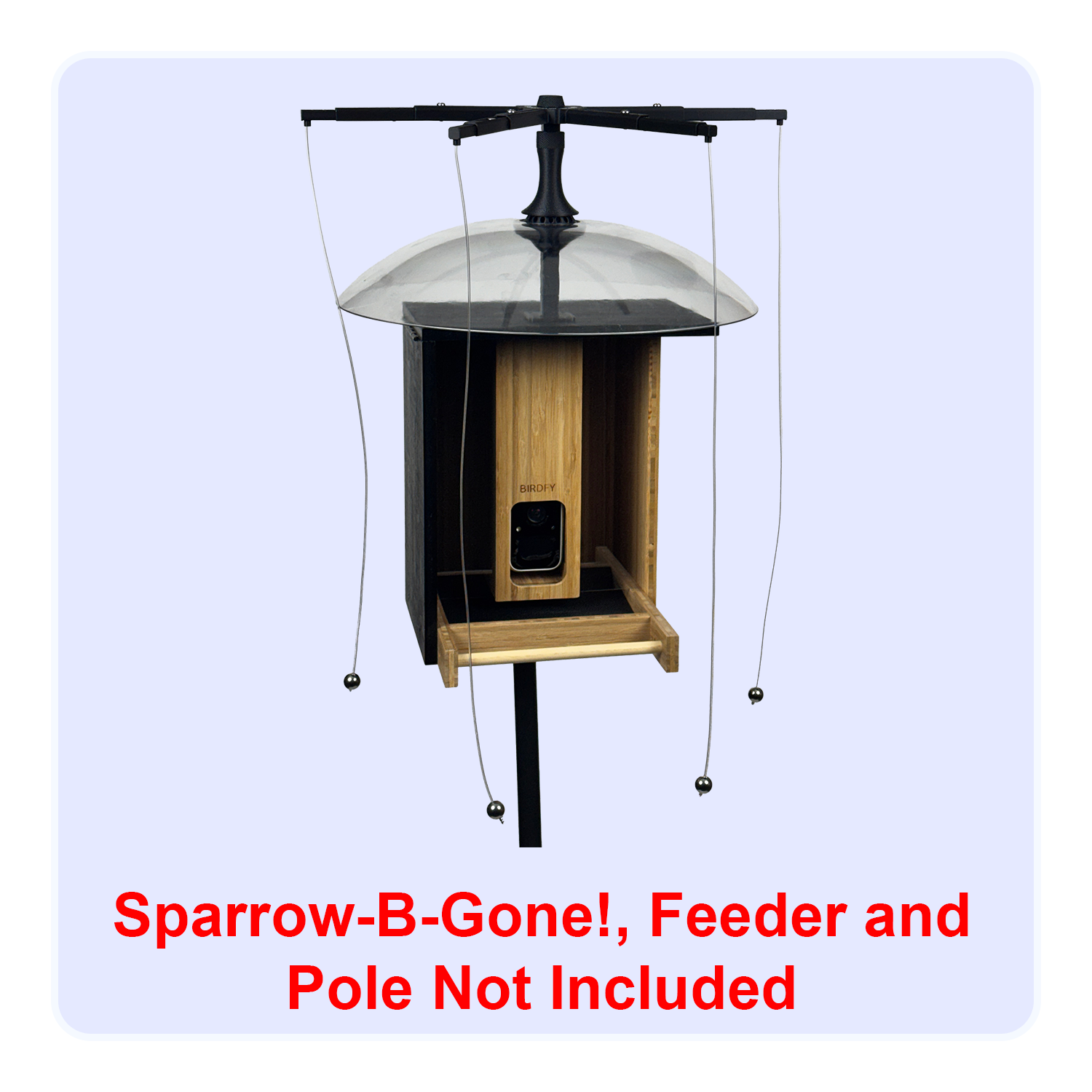 Combined product shot of Sparrow-B-Gone and Rain-B-Gone on a Birdfy Bamboo/Mini smart bird feeder