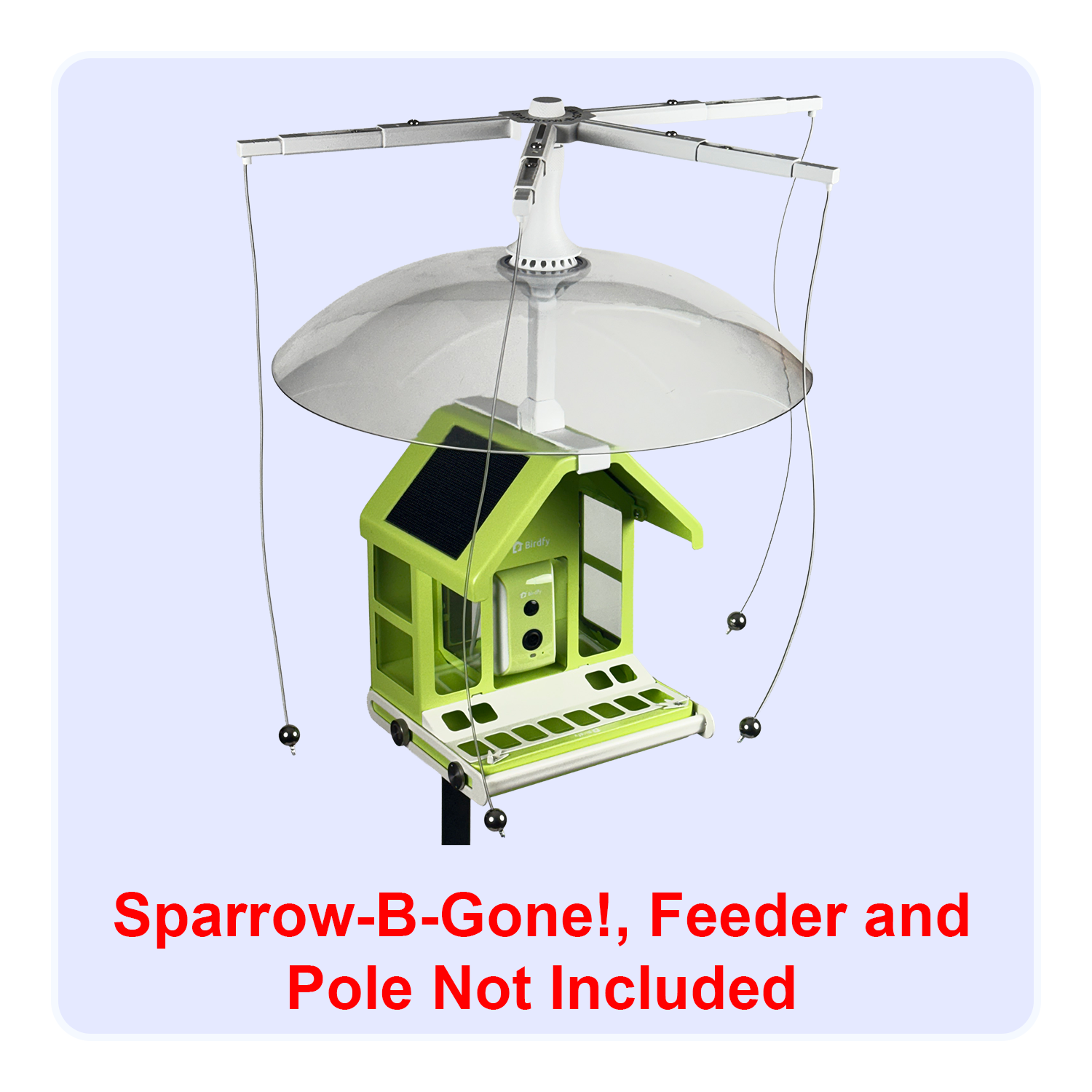 Combined product shot of Sparrow-B-Gone and Rain-B-Gone on a Birdfy Metal smart bird feeder