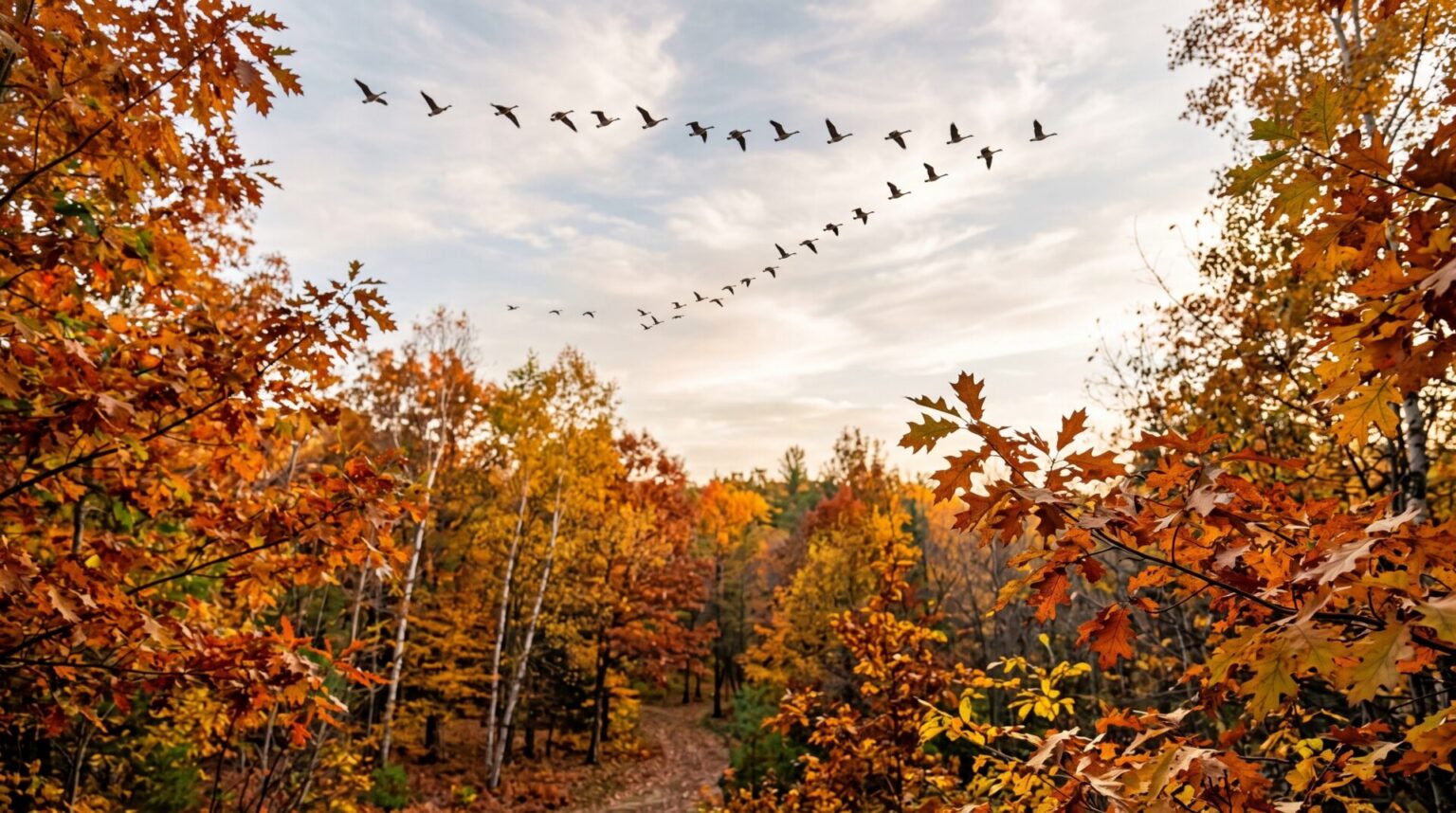 An echelon of geese flying in fall migration