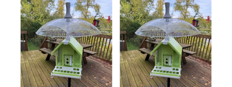 A split image showing how the Rain-B-Gone weather dome protects smart camera feeders in rainy weather