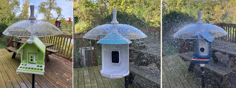A Birdfy 1 smart camera feeder protected from the weather with Rain-B-Gone!